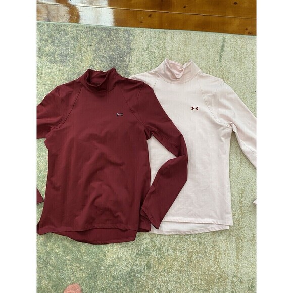 Under Armour SET (2) Sz M Red Pink Cold Gear Compression Mock Neck Base Layer - Picture 1 of 7